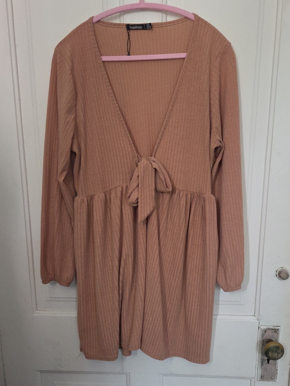 Boohoo Tan Ribbed Deep V Dress